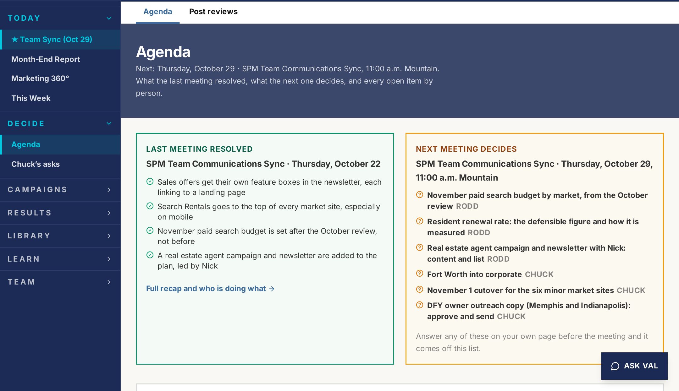 Agenda page of the Specialized Property Management portal