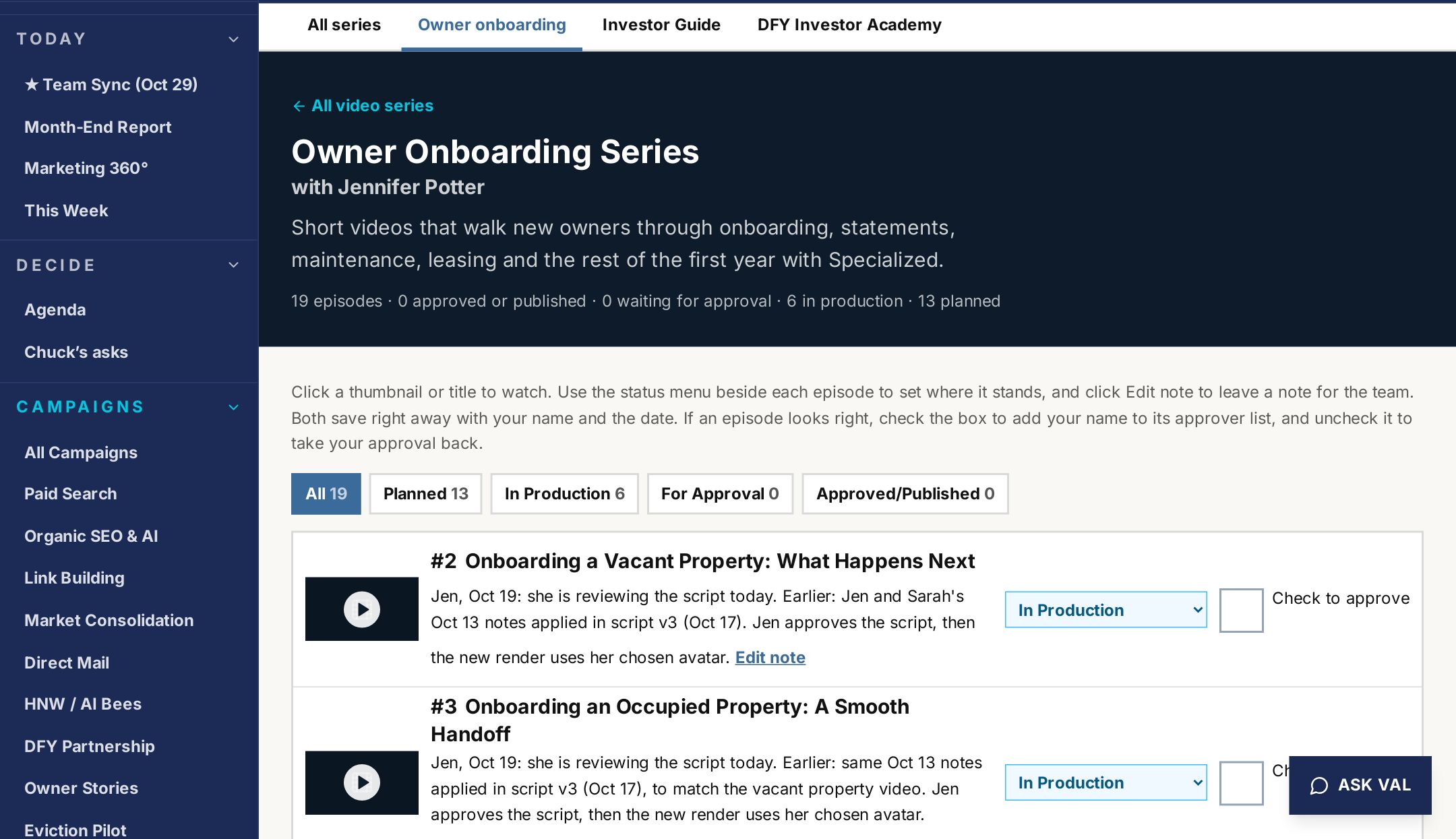 Approvals page of the Specialized Property Management portal