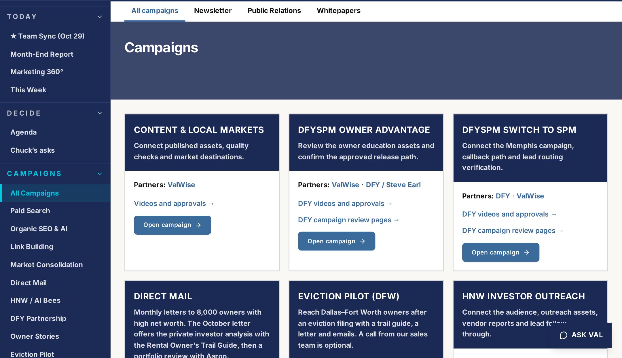Campaigns page of the Specialized Property Management portal
